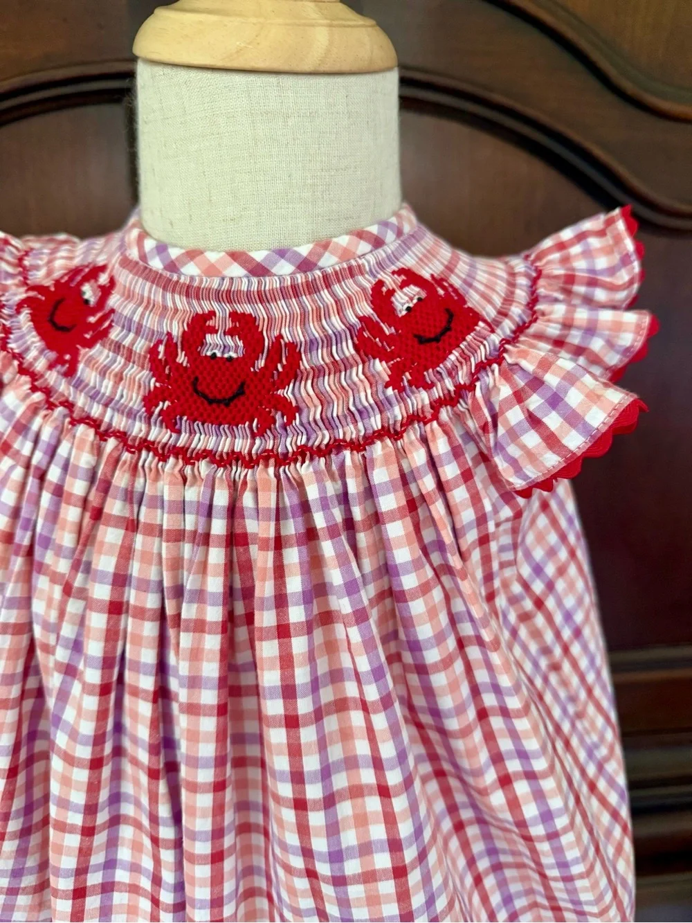 FINAL SALE Classic Whimsy Smocked Crab Bubble 24M Red Gingham Boutique Romper